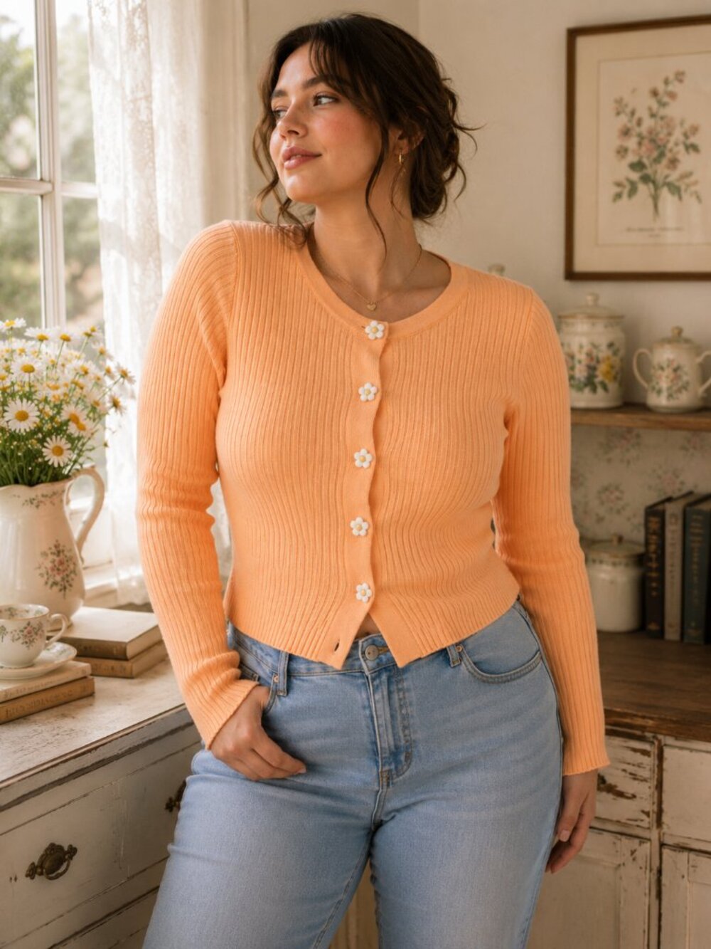 Ribbed Daisy Button Cardigan Sweater Cantaloupe Peach Coquette Cottagecore 0X